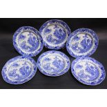 (6) WILLOW & BRIDGE PATTTERN CHINESE EXPORT BLUE & WHITE PLATES, with octagonal shape, 8" in diam