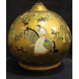A VERY LARGE PAPER MACHE LACQUERED LAMP BASE, depicting warriors on horse back in various poses,