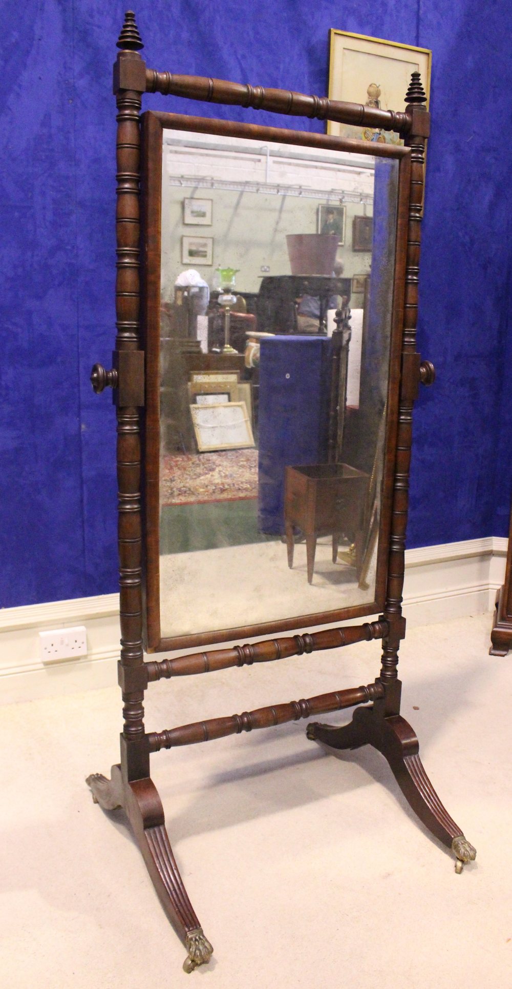 A FINE IRISH EARLY 19TH CENTURY MAHOGANY CHEVAL DRESSING MIRROR, circa 1830, having ring turned