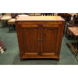 A SMALL 2 DOOR VICTORIAN CABINET, with cross banded detail, shelved interior, 30" x 32" x 12"