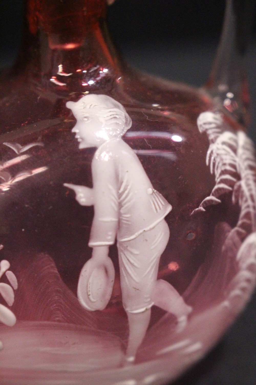 A 'MARY GREGORY' STYLE MINIATURE DECANTER, with stopper, enamelled image of a boy standing in a - Image 2 of 6