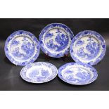 (5) BLUE & WHITE PLATES, (4) CHINESE EXPORTWARE, with willow & bridge pattern, (1) Royal Tudorware