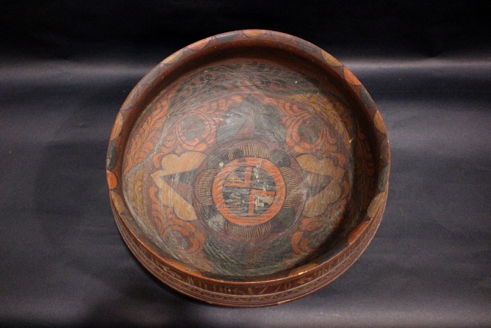 A VERY LARGE TURNED WOODEN ‘ROSEMALING’ BOWL, possibly 18th century, Scandinavian, decorated in - Image 2 of 3