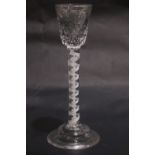 AN EARLY 19TH / LATE 18TH CENTURY CORDIAL GLASS, with etched bowl 'J Hawkesworth 1823', raised on
