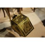 A LATE 19TH CENTURY LIFT TOP BRASS COAL SCUTTLE, with matching shovel