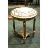 A SMALL GILTWOOD MARBLE TOPPED TABLE, French style, with turned tapered fluted legs having floral