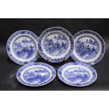 (5) 19TH CENTURY CHINESE EXPORT-WARE PLATES, with pagoda and bridge motif, all the same motif with a