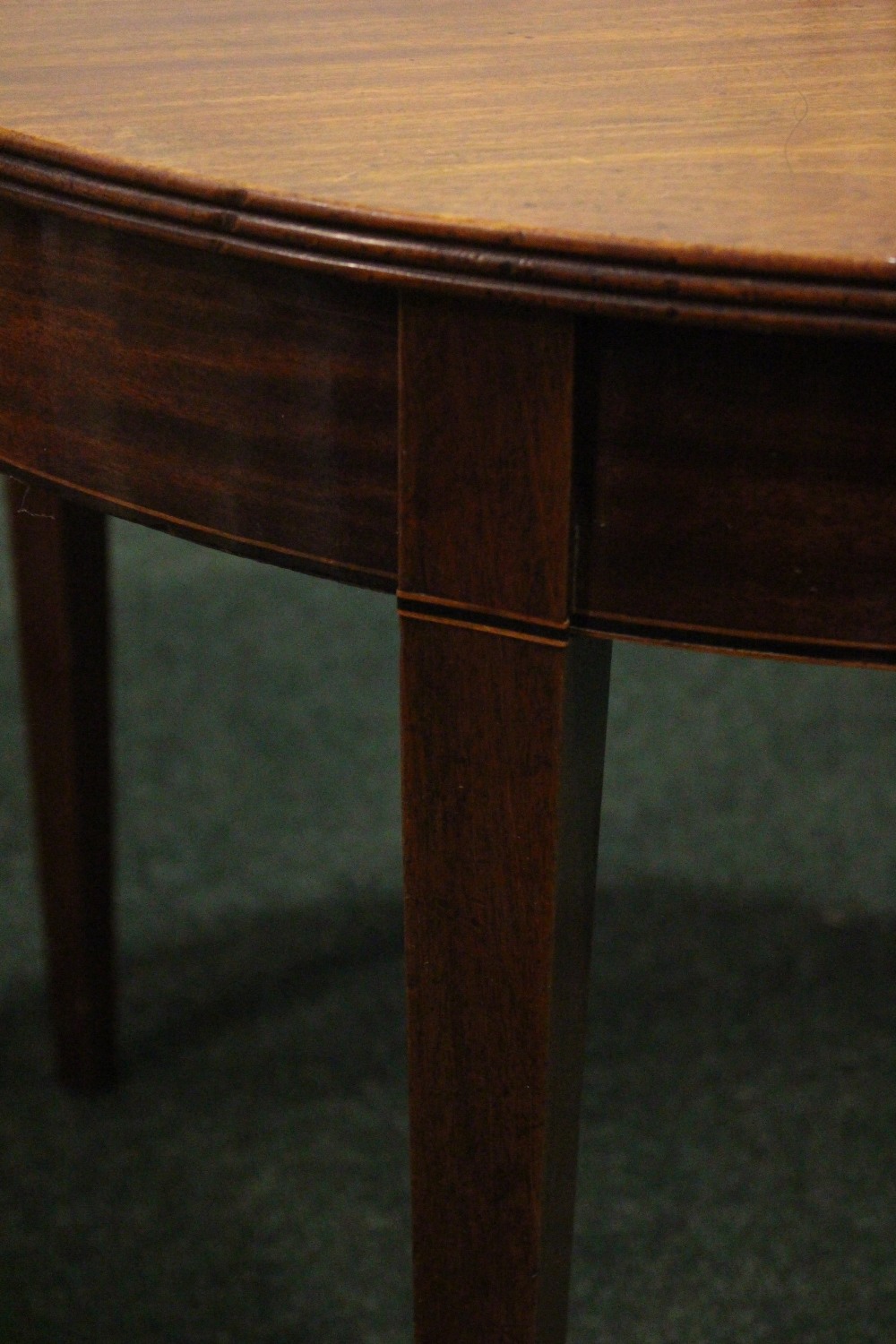 A GOOD QUALITY DEMI-LUNE FOLD OVER CARD TEA TABLE, with reeded rim, raised on tapered leg, having - Image 5 of 5