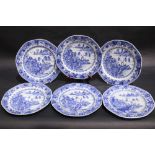 (6) 19TH CENTURY EXPORT WARE BLUE & WHITE WILLOW PATTERN PLATES, octagonal in shape, varying