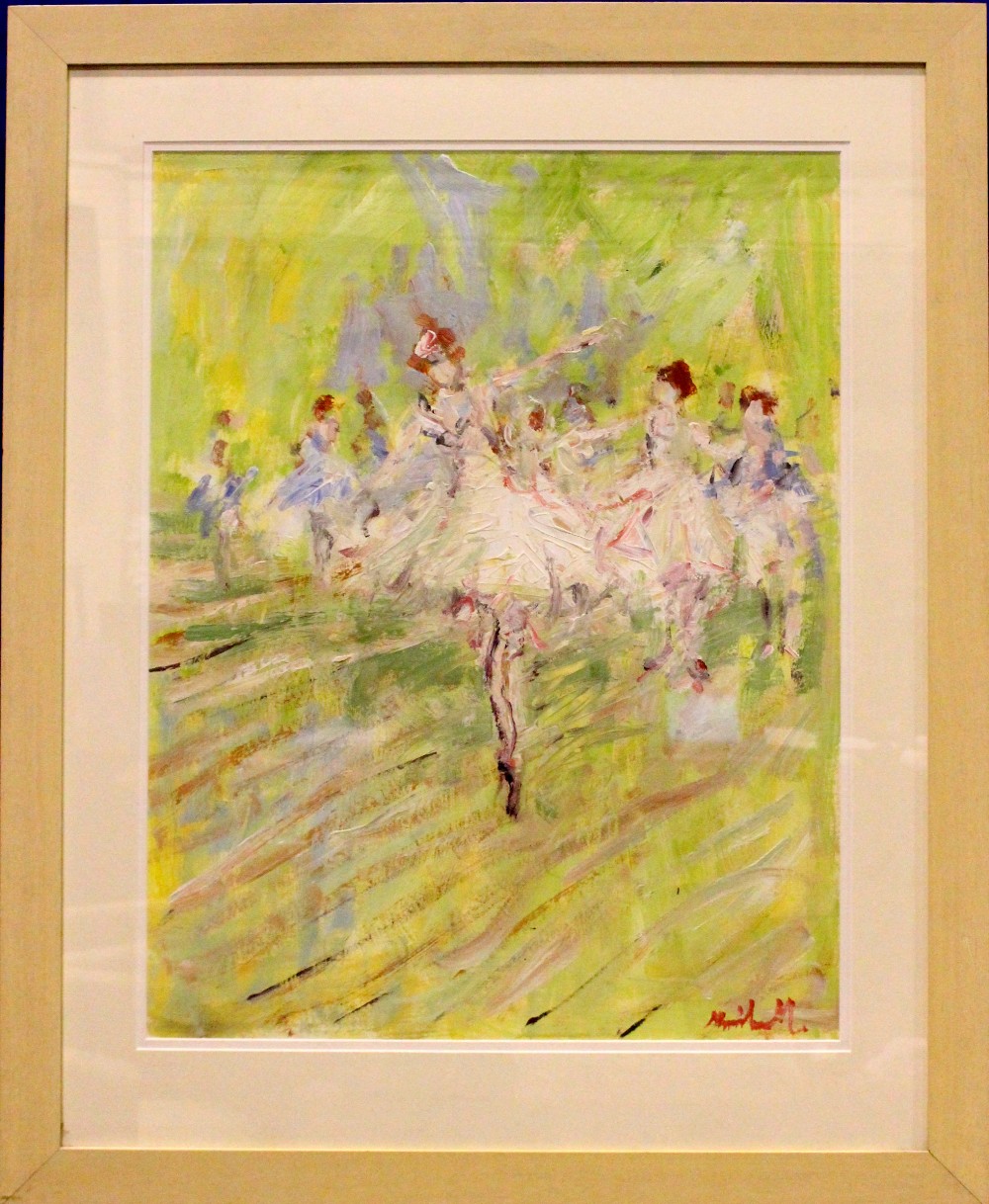 MARIE CARROLL, (IRISH 20TH CENTURY), "DANCING BALLERINAS", acrylic on card, signed lower right,