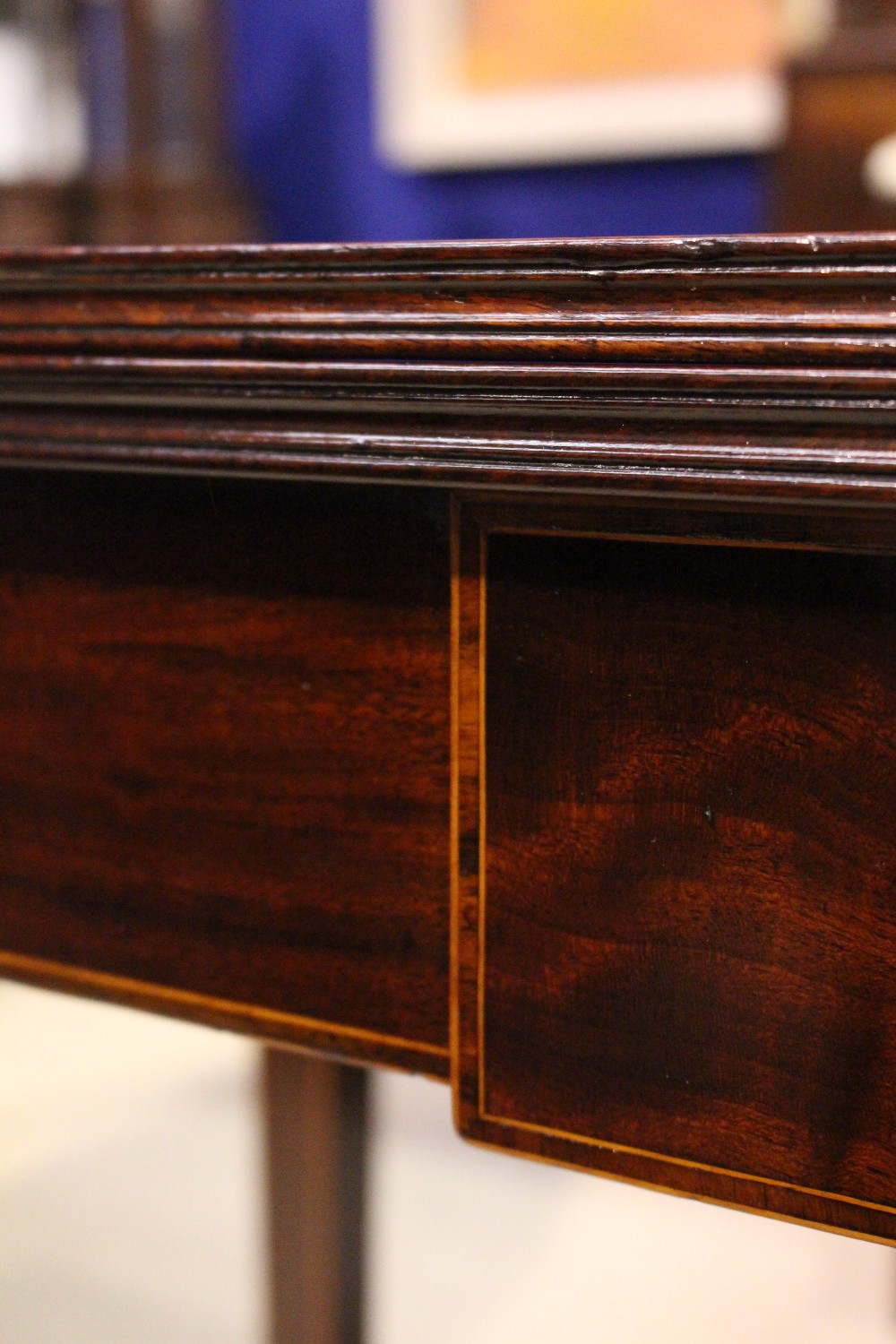 A VERY FINE GEORGE III FOLD OVER TEA TABLE, with inlaid detail, circa 1790, reeded rim, raised on - Image 2 of 4