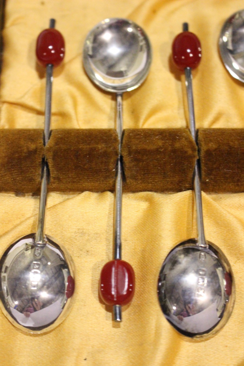 A CASED SET OF MID CENTURY SILVER COFFEE BEAN SPOONS, Birmingham, date letter 'K' for 1939, maker' - Image 2 of 3