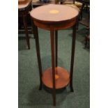 A TALL MAHOGANY INLAID PLAT / JARDINERE STAND, with circular top, raised on four square legs