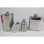 Two silver plated hip flasks, one curved with hammered finish and bayonet fitting top, 16cm, and two