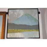 After Paul Henry, Irish landscape view of a mountain before water, signed print, 54.5cm by 54cm