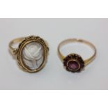 A garnet cluster ring in 9ct gold, and shell cameo ring