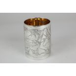 A Victorian silver christening mug, cylindrical shape with engraved scene of birds amongst blossom