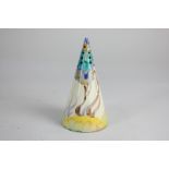 A Clarice Cliff Bizarre conical sugar shaker decorated with trees and flowing foliage, 14.5cm