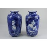 Two similar Rowland & Marsellus Co, Staffordshire pottery blue and white vases, each printed with