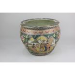 A Chinese fish bowl jardiniere, painted with carp to the interior and female figures in a boat on