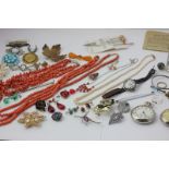 A quantity of coral jewellery and miscellaneous items of costume jewellery and watches