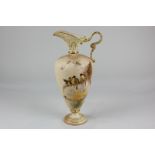 A Royal Worcester porcelain ewer with reticulated spout, decorated with birds on a branch before a
