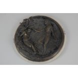 After E W Wyon, a bronze relief plaque depicting a scene of Oberon and Titania, on marbled stone