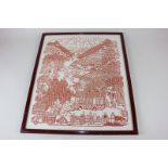 A framed Chinese paper cut picture depicting figures working amongst a scenic landscape, 45cm by