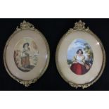 19th century school, two oval watercolours depicting a lady dressed in yellow wrap and red skirts,