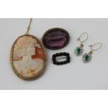 A pair of emerald and diamond small drop earrings, a shell cameo brooch in 9ct gold, an amethyst