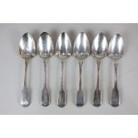 A set of five George III silver fiddle pattern dessert spoons, and another single similar William IV