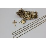 A 9ct gold gate link bracelet, cross pendant, two chains, 25.7g