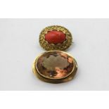 A Victorian gold and coral brooch, and a topaz brooch