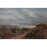 Douglas Adams (1853-1920), coastal landscape view, fishermen walking through sand dunes in the