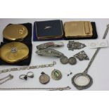 A silver Queens Jubilee pendant, various silver and base metal items and four compacts