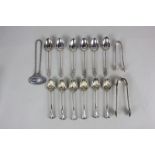 A set of six Victorian silver coffee spoons and a pair of sugar tongs with shell-shaped bowls, maker
