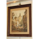 19th century school, Continental street scene of figures beneath a clock tower, watercolour,