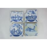 Four Delft wall tiles, three depicting a couple in a landscape, and one decorated with a fish, 13cm,