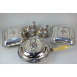A pair of silver plate rectangular tureens and covers, cushion shape with removable central loop