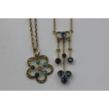 A sapphire necklace set with three knife edge drops in 9ct gold, a turquoise and split pearl