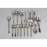 A collection of assorted silver spoons including a set of four George V coffee spoons, two 1937