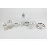 Five various silver mounted cut glass salts, a sterling silver mounted cut glass dish, two silver