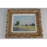 William Burns, old man and two children seated before a cricket match, church beyond, 'Village