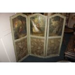 A painted three-section room screen, the top arched panels decorated with figures in the manner of