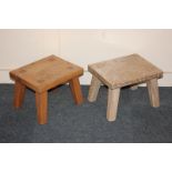 Two similar oak milking stools, one limed, both with rectangular top on four chamfered legs