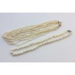 A pearl necklace on a silver ball clasp, and a six row freshwater pearl necklace