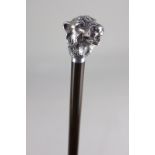 An Elizabeth II silver mounted ebony walking stick, modelled as a tiger's head, maker KC, Birmingham