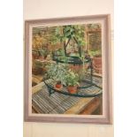 Olwyn Bowey R.A. (b.1936), plants inside a greenhouse, oil on board, signed, 85cm by 70cm (ARR),