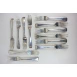 A set of twelve George III silver Old English pattern dinner forks with engraved initials, maker