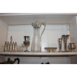 A silver plate mounted cut glass claret jug, 30cm high, a silver plated goblet, three various shaped